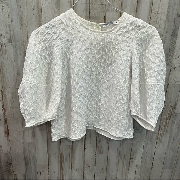 Zara Textured Cropped Balloon sleeve White Blouse Oversized - Picture 1 of 6